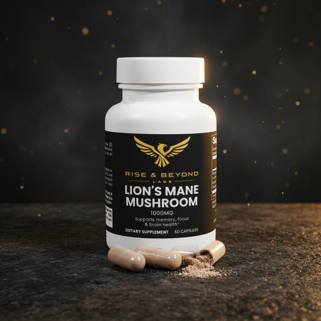 Supplement bottle labeled 'Lion's Mane Mushroom' by Rise & Beyond Labs on a light gray background.