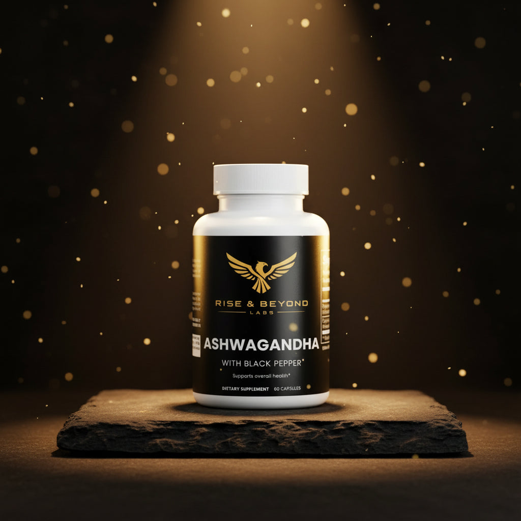 Supplement bottle labeled 'Ashwagandha with Black Pepper' by Rise & Beyond Labs on a white background