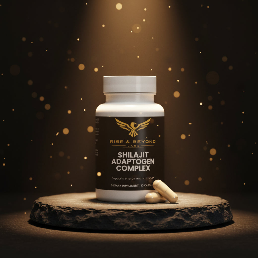 Supplement bottle labeled 'Shilajit Adaptogen Complex' from Rise & Beyond Labs on a white background.