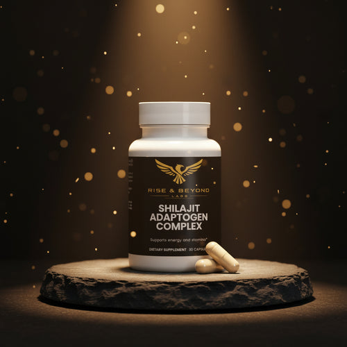 Supplement bottle labeled 'Shilajit Adaptogen Complex' from Rise & Beyond Labs on a white background.