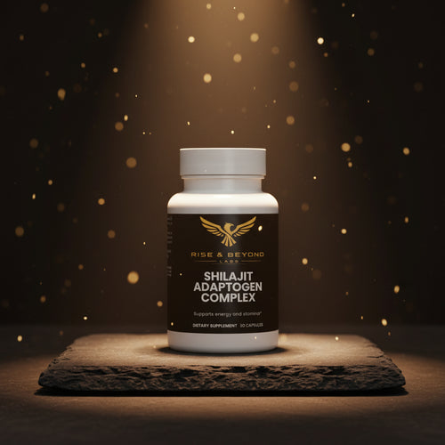 Supplement bottle labeled 'Shilajit Adaptogen Complex' by Rise & Beyond Labs on a white background